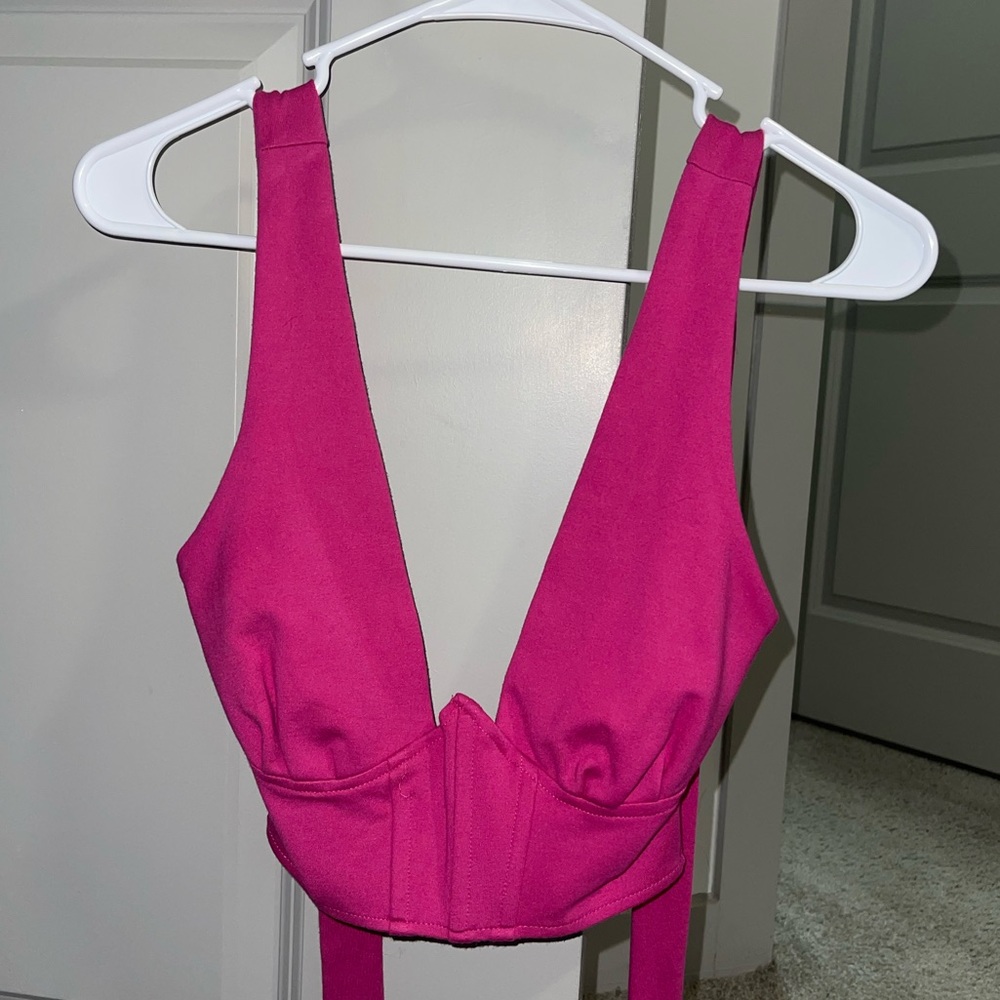 Forever 21 Pink Tie Halter Zip Back Corset Crop